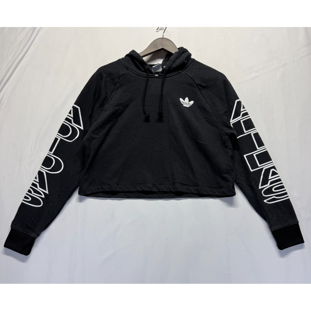 Adidas Originals Cropped Hoodie Womens Small Black Trefoil Logo Spellout Logo
